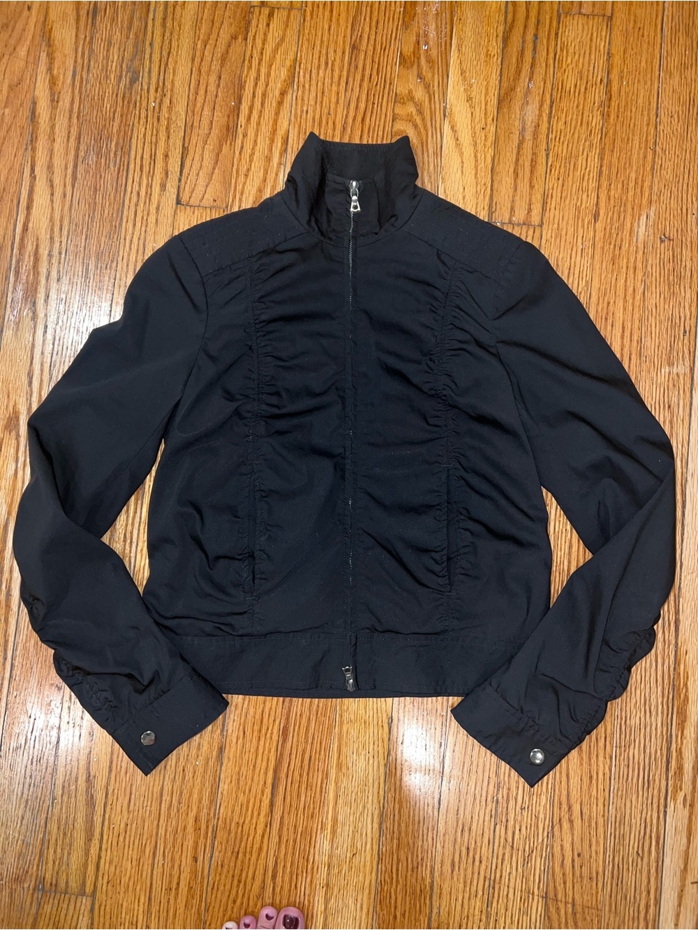 Theory XS Black Wool Blend Zip Jacket Ruched Stretch Cropped Made USA